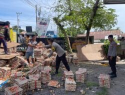 Truk Bermuatan Telur Terbalik di Jalan Raya Polsesk Setempat terjun Langsung Ke TKP